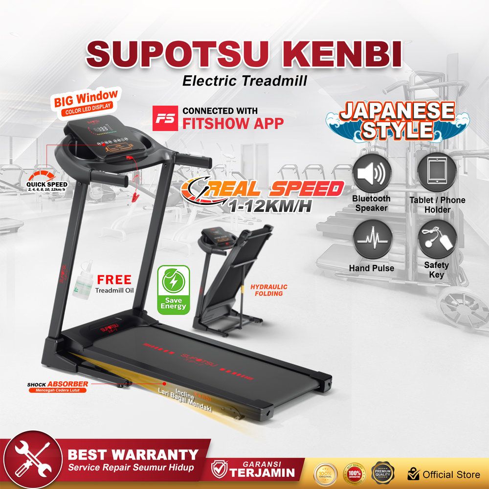 SUPOTSU Kenbi Hitam Treadmill Listrik Treadmill Portable Treadmill Multifungsi Treadmil Lipat Alat Olahraga