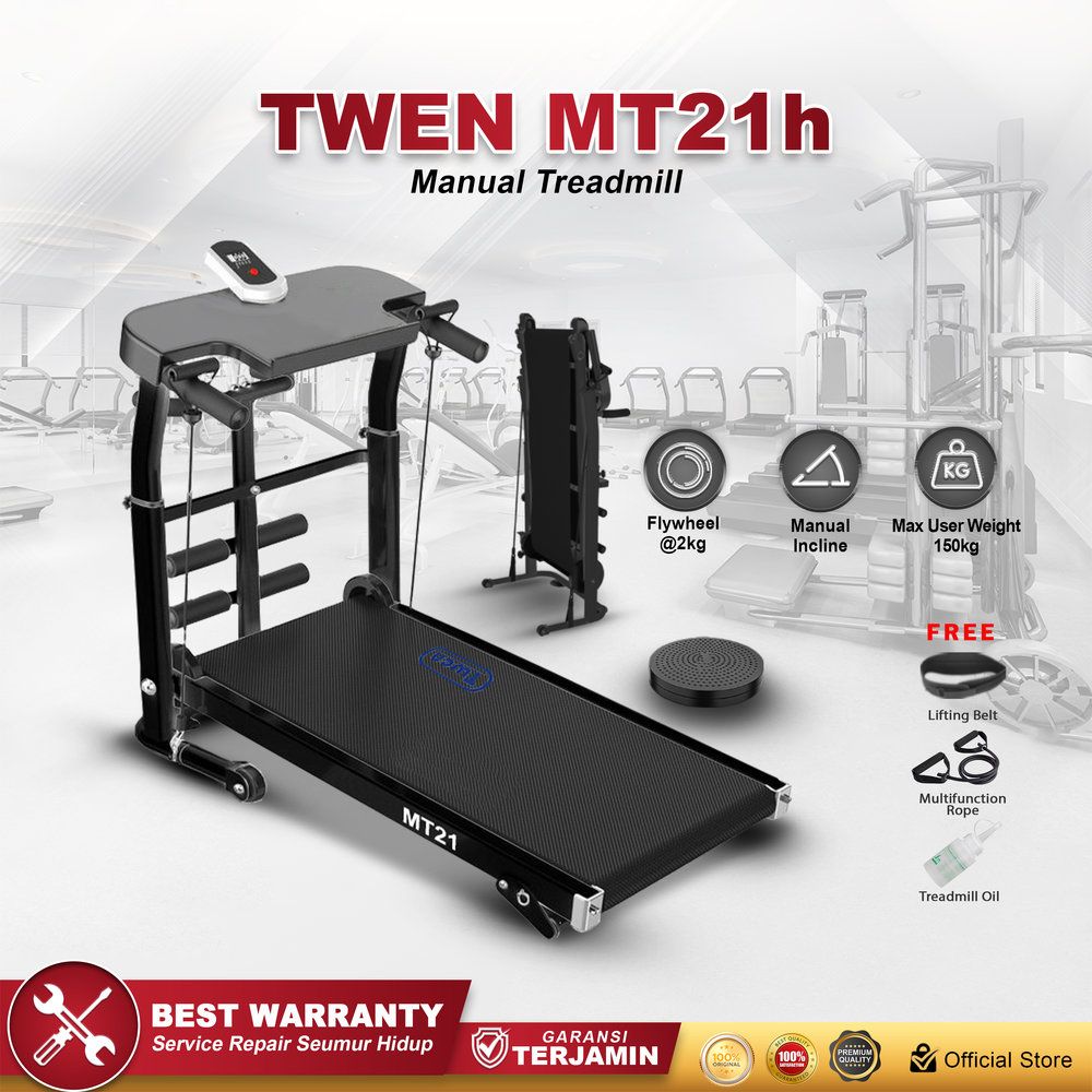 TWEN MT21 Hitam Treadmill Tanpa Listrik Treadmill Portable Treadmill Multifungsi Treadmil Lipat Alat Olahraga