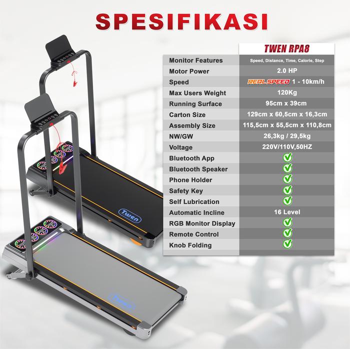 TWEN RPA8 Silver Treadmill Listrik Portable Multifungsi Treadmil Gambar produk 8