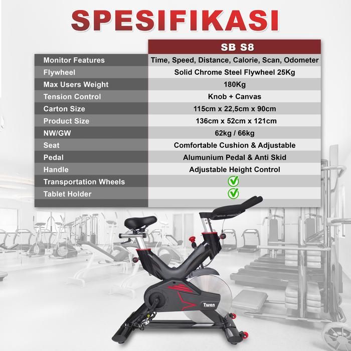 Twen CSB S8 + App Spin Bike Sepeda Kardio Statis Fitness Alat Gambar produk 8