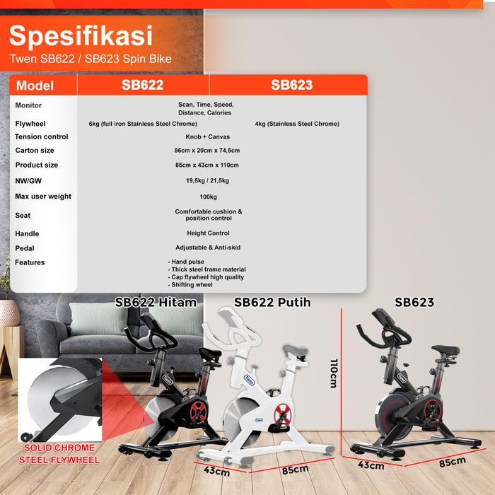 Twen SB622 Black Spin Bike Sepeda Kardio Statis Fitness Alat Gambar produk 7