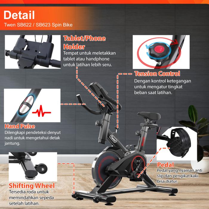 Twen SB622 Black Spin Bike Sepeda Kardio Statis Fitness Alat Gambar produk 2
