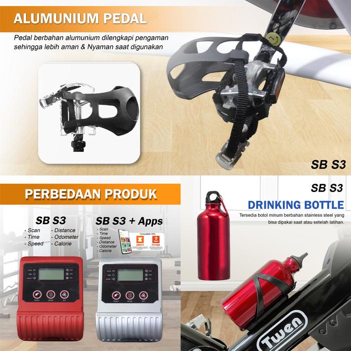 Twen S3 White Spin Bike Sepeda Kardio Statis Fitness Alat Gambar produk 3