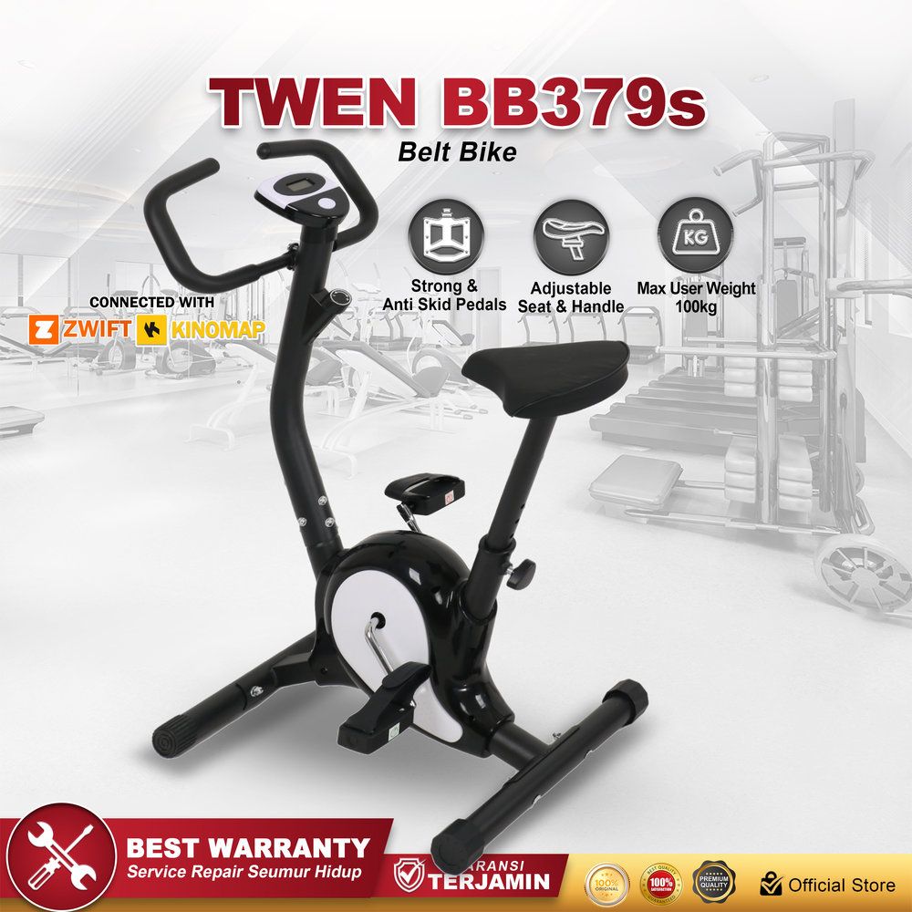 Twen BB379s Hitam + App Belt Bike Big Exercise Bike Belt Bike Fitness Alat Olahraga Gym