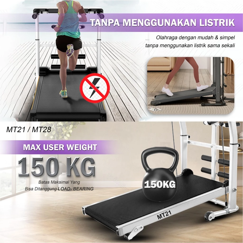 TWEN MT21 Putih Treadmill Manual Tanpa Listrik Portable Gambar produk 8