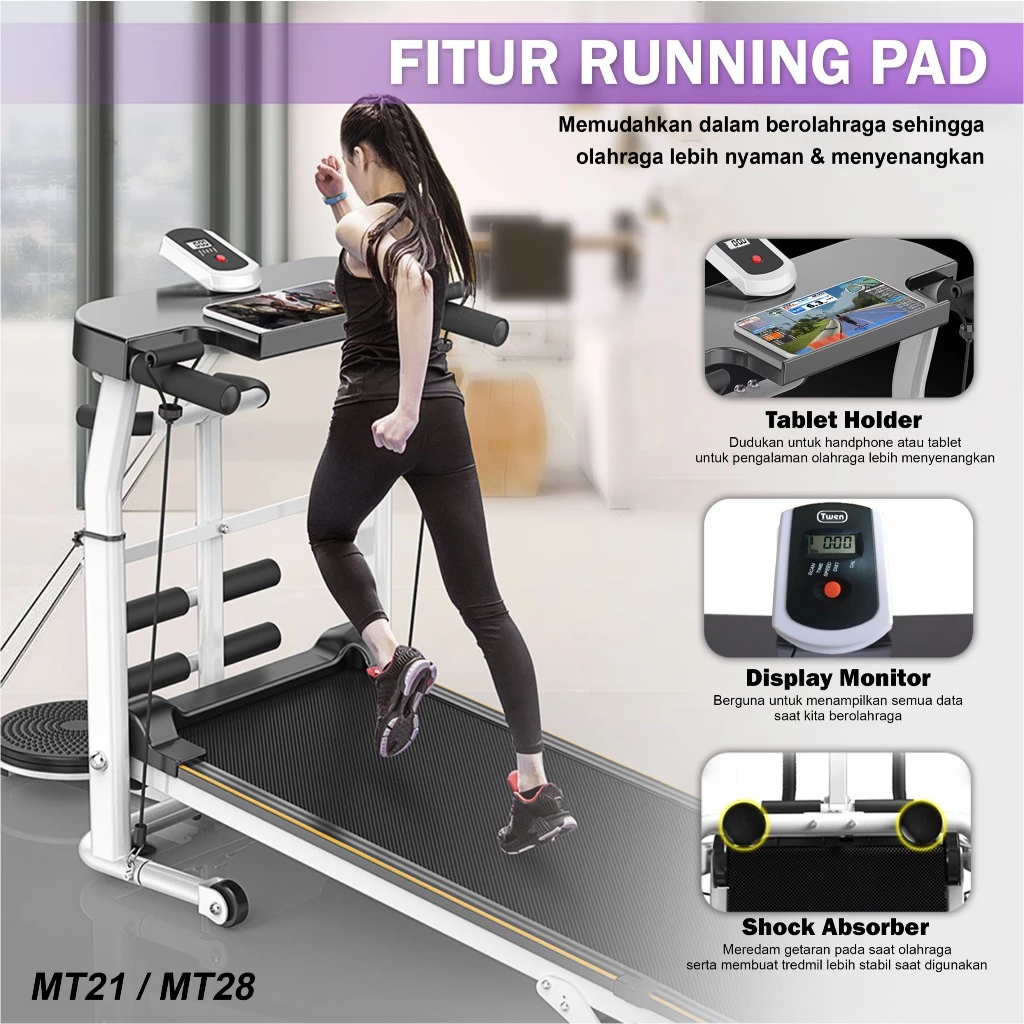 TWEN MT28 Hitam Treadmill Tanpa Listrik Portable Multifungsi Gambar produk 5