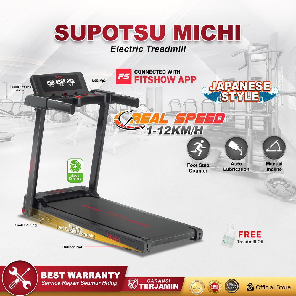 SUPOTSU Michi Hitam Treadmill Listrik Treadmill Portable Treadmill Multifungsi Treadmil Lipat Alat Olahraga
