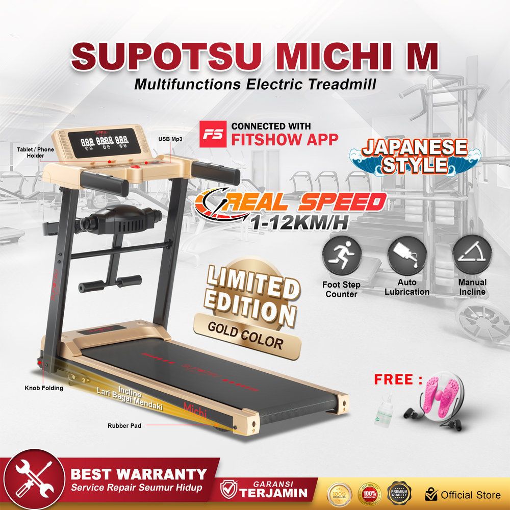 SUPOTSU Michi Gold Multi Treadmill Listrik Treadmill Portable Treadmill Multifungsi Treadmil Lipat Alat Olahraga