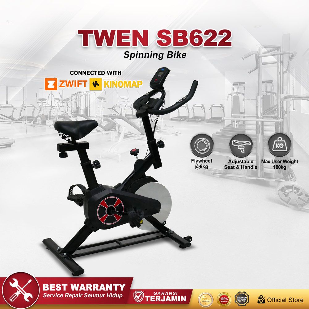 Twen SB622 Spin Bike Sepeda Kardio Sepeda Statis Sepeda Fitness Alat Olahraga - SB622 New Black + App