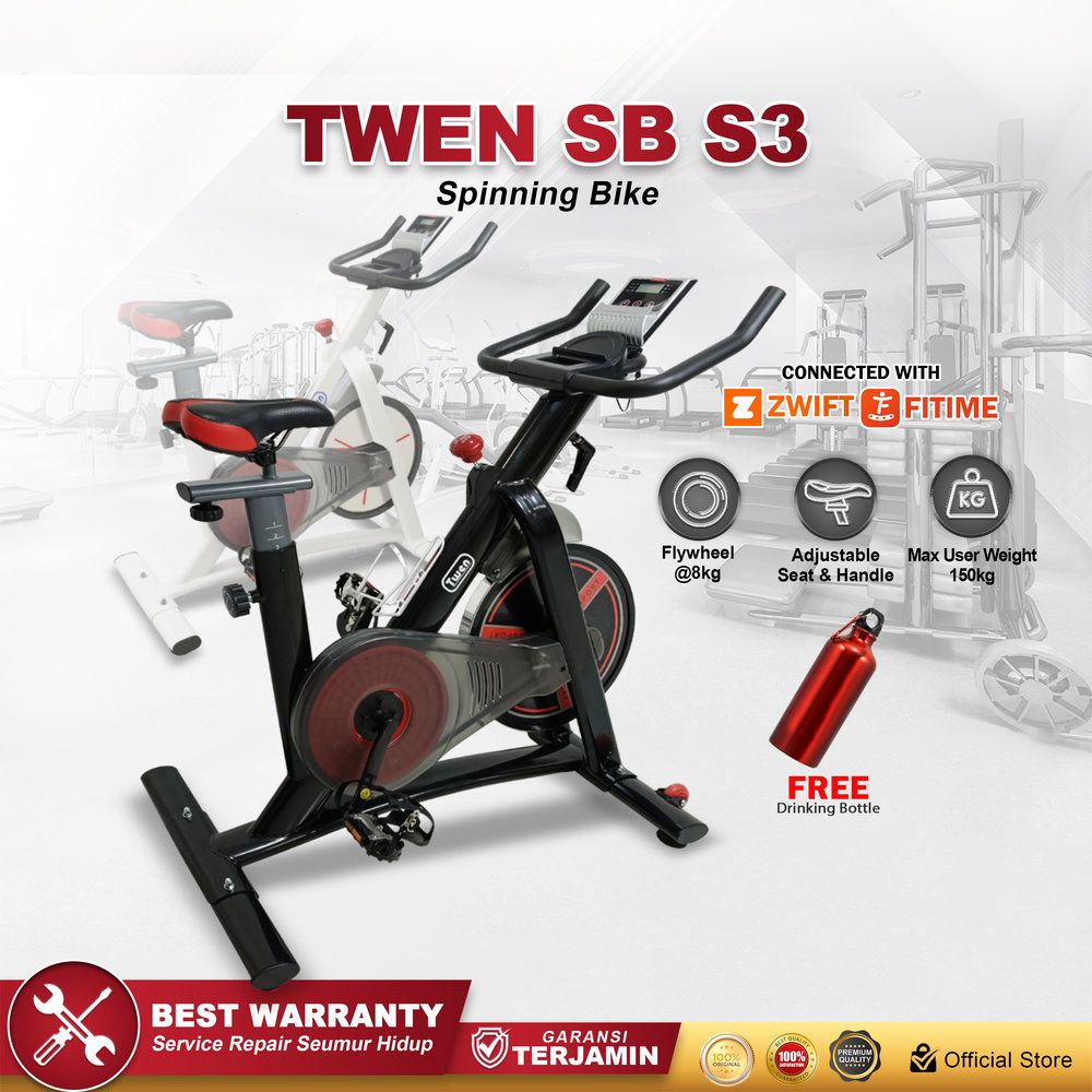 Twen S3 Black + App Spin Bike Sepeda Kardio Sepeda Statis Sepeda Fitness Alat Olahraga