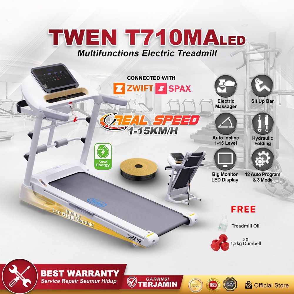 TWEN T7010MA LED Putih Treadmill Listrik Multifungsi Treadmill Portable Treadmill Multifungsi Treadmil Lipat Alat Olahraga